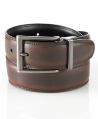 The reversible design of this luxe leather belt from Perry Ellis let's you get the most mileage out of your wardrobe.