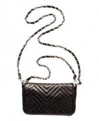 Get an instant style upgrade by adding this quilted chevron print crossbody to your look for day or night. A high-shine chain embellished strap gives crave-worthy edge to this versatile look by Big Buddha.