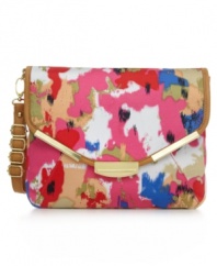 A whimsical kaleidoscope-inspired print graces this gorgeous Olivia + Joy clutch for a sweet style ideal for any time of day. Shiny goldtone hardware perfectly accent the flap and strap of this pretty design.