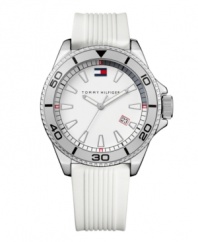 Get moving with this bright and energetic watch by Tommy Hilfiger. White ribbed silicone strap and round silver tone mixed metal case. White dial features applied stick indices, date window at four o'clock, luminous hands and logo at twelve o'clock. Quartz movement. Water resistant to 30 meters. Ten-year limited warranty.