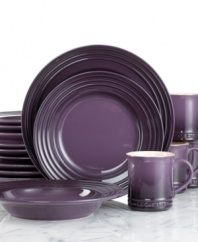 The dinnerware set that has it all. Crafted for durability and ease of use but with a brilliant enamel finish to redefine the table, Le Creuset place settings lend smart, enduring style to everyday dining. Featuring a three-ring design in rich cassis.