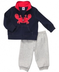 In a pinch or just because, this cute jacket and pant set from Carter's will keep him comfy no matter what.