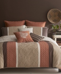 The Palisades bedding design features a vertical, pieced look complete with quilted, modern mosaics and leaf silhouettes. Detailed embroidery and coordinating piping add definitive lines, making this bedding collection stand out. The comforter reverses to a subtle repeating leaf design in tan over cream.
