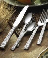 Marquee lines, raised dots and stylish dashes adorn this swank set that bring art deco inspiration to your table. 4-piece set (not shown) includes 1 butter knife, 1 sugar spoon, 1 serving spoon and 1 pierced spoon.