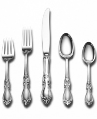 This exquisite pattern pays homage to a golden age. Delicate flowers grace the tip and intricate openwork finishes the neck for well-balanced place settings made for special occasions. Set includes 1 dinner fork, 1 salad fork, 1 soup spoon, 1 teaspoon and 1 knife.
