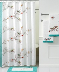 Featuring the blossoming branches and water-colored birds of the whimsical dinnerware pattern, the Chirp shower curtain from Lenox Simply Fine brings the beauty of the outdoors right inside your bath. Complete the look with coordinating shower hooks.