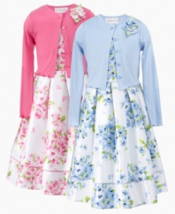 Tea anyone? She'll be a prim and proper little lady in this floral cardigan and dress set from Sweet Heart Rose.