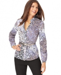 An abstract painterly print adds a modern appeal to this Alfani blouse while a faux python skinny belt ties it all in!