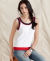 Inspired by sporty sweaters, this sleeveless tank from Tommy Hilfiger features quirky trim at the neckline and cable-knit at the front for prepped up style.