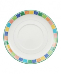 The Twist Alea breakfast cup saucer makes every morning bright. Features an enamel colorblock pattern reminiscent of Spanish tile and a vivid band of color along the rim.