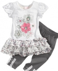 A work of art. Her style will look creatively inspired in this adorably ruffly tunic and leggings set from Nannette.