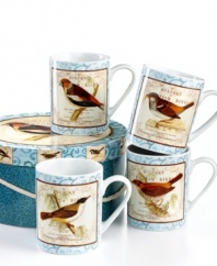 Naturalist prints tell the story of four feathered friends on the British Birds mugs. Vintage styling and watercolor trim add to the set's antique sensibility. With a coordinating box to treat outdoorsy entertainers.