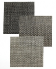 Chilewich introduces new dimension to casual dining in durable woven vinyl. Decidedly sleek, the Kono square placemat gives your table an industrial-chic boost in shiny metallic shades.