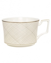 Dressed in a fine diamond grid of bronze and warm taupe, these cups are from Noritake dinnerware. The dishes are tailored for formal dining and everyday elegance. A hooked handle creates a unique silhouette to enhance more classic bone china essentials.