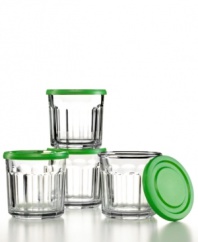 Modern versatility. This set of over-sized double-old fashioned drinking glasses has a fresh silhouette and have textured exterior for easy gripping. Plus, it doubles as stackable storage jars with BPA-free green lids to keep even baby food fresh and safe. Made in USA.