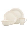 With fanciful beading and feminine shapes, this white dinnerware from the Lenox French Perle collection of place settings has an irresistibly old-fashioned sensibility. Hard-wearing stoneware is dishwasher safe and, in a soft white hue with antiqued trim, a graceful addition to every meal. Qualifies for Rebate