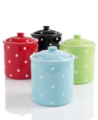Perk up your kitchen with playful polka dots. A colorful earthenware canister from Spode's collection of dinnerware and dishes offers stylish and safe, hermetically sealed storage for dry ingredients like flour, sugar and the resulting batch of baked goods.