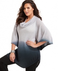 Get your leggings set for INC's dolman sleeve plus size tunic sweater, finished by a cowl neckline and dip-dyed pattern. (Clearance)