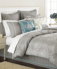 Timeless elegance reigns supreme in this Briercrest comforter set from Martha Stewart Collection, featuring a beautifully woven scroll and flourish design in tonal silver hues. European shams and bedskirt bring in a coordinating stripe design while the set is polished with teal embellishments for an enchanting presentation.