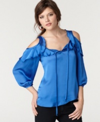 Shoulder cutouts add unexpected edge to this otherwise frilly & femme Bar III satin blouse!