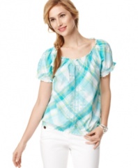 Go mad for plaid with Style&co.'s pretty peasant top! Intricate embroidery adds extra appeal.