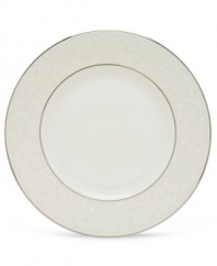 Pure opulence. Posh opalescence. This classically designed line of dinner plates from Lenox's dinnerware and dishes collection are accented by a platinum rim and a delicate flourish of vine-like, white-on-white imprints with raised, iridescent enamel dots. Great gift for housewarming, wedding or yourself. Dinner plate shown center. Qualifies for Rebate