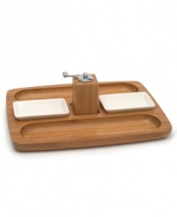 With grooves for crackers or veggie sticks and two removable dip bowls, each of these handsome bamboo serving trays puts an eco-savvy spin on snack time. A pepper mill invites guests to spice things up. From Lipper International's collection of serveware and serving dishes. (Clearance)