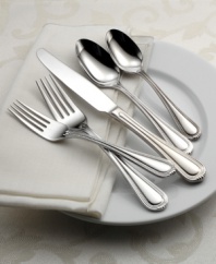 Everyday grandeur from Oneida, crafted in gleaming stainless steel. This 50-piece flatware set features a teardrop-shaped handle engraved with a classic beaded design.