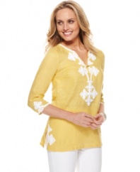 Charter Club offers a springtime look with thoughtful details you'll love. Appliques at the neckline, cuffs and hem of this fresh tunic recall artisan-inspired charm.
