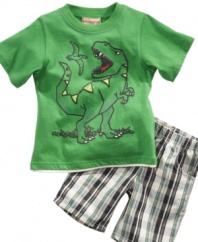 Turn back time. He'll love being back in the land of dinosaurs with this fun tee shirt and short set from Kids Headquarters.