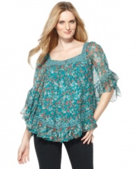 A charming floral print and soft chiffon layers create a feminine look on this ECI blouse.