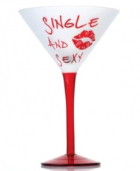 Red hot. This flirtatious martini glass is sealed with a kiss for sexy singles only. With a frosted white bowl and cherry-red stem to draw attention from all of the most eligible bachelors.
