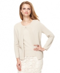 This ribbed cardigan from Jones New York features an easy fit and one hook closure for ladylike style. Pair it with the matching shell to make a twinset!