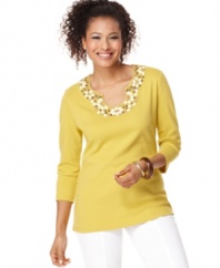 This cotton top from JM Collection features a striking horseshoe neckline with beading for a world-inspired look. Try pairing it with white pants!