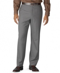 A clean silhouette and comfortable fit make this flat-front dress pant an instant classic. Woven in superfine all season natural stretch fabric to move with you. Engineered stretch waistband expands up to 2 inches for comfort.  Teflon coating for stain resistance. Lined to knee. On-seam pockets. Button-through back pockets.