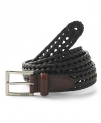 Natural color, natural style. Woven leather belt features a sleek, silver-tone hardware. Dress it up or down.