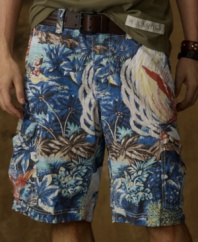 Paradise is found in these tropical-print cargo shorts -- with just the right amount of wear-and-tear, they are rugged enough for a weekend in the city and casual enough for a day at the beach.