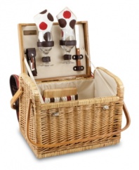 A picnic basket and table in one, the Kabrio has a flat, wooden cover that's ideal for resting glasses or serving fruit and cheese. With wine service for two, double handles and a classic willow design to make you and your date the envy of everyone outside.
