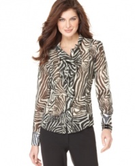 Walk on the wild side in this Jones New York blouse, featuring a chic animal print on semi-sheer fabric. Pair it with a cami and slim pants for desk-to-dinner style!