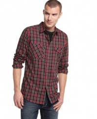 Marc Ecko brings signature urbane looks to your casual wardrobe with this plaid woven shirt.