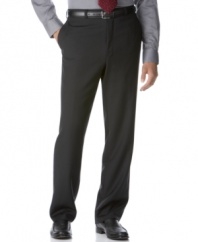 A sleek counterpoint to any dressed-up look, these flat front Calvin Klein pants make a great choice for a modern guy.