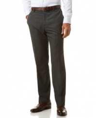 Slim down your weekday routine with the trim, tailored fit and sleek pattern of these smooth flat-front pants from Kenneth Cole Reaction.