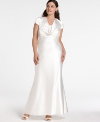 Eliza J's captivating plus size satin gown is a vision with its delicate lace details and fully buttoned back (which cleverly disguises a more convenient zipper). You're sure to be stunning in this sweeping, royal wedding-inspired dress. (Clearance)