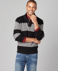 Be style savvy in broad stripes featured on this Tommy Hilfiger half-button sweater.