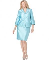 A swirling fabric applique at the hem and cuffs on the jacket of Kasper's plus size skirt suit elevates this shimmery shantung outfit for a special occasion.