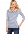 A classic striped boatneck top in a stretchy fabric blend is a flattering classic, from Calvin Klein Jeans. Pair it with jeans or black pants for nautical-inspired style!