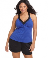 Stylish stripes and crisscross back straps make this JAG plus size tankini top stand out whether your surfside or poolside!