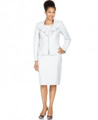 A feminine, ruffled collar on the jacket is the touch that makes this Le Suit skirt suit extra stylish.