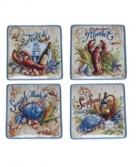 Fresh catch. See your food in a nautical setting with the vivid illustrations and rustic pier motif of Seafood Market dinner plates. Sculpted blue rope adds to their oceanside charm. From Certified International.