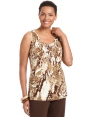 This scoopneck tank top from J Jones New York is an ideal layering piece for all seasons. The animal print, pleating at chest and studded embellishment adds extra pizazz to everyday outfits!